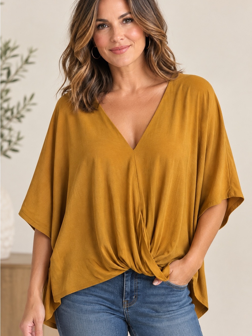Garnet Hill Mustard Twist-Front V-Neck Tunic